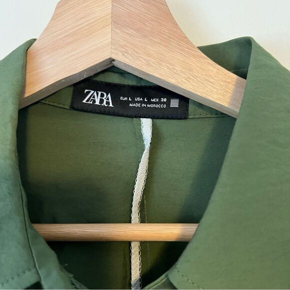 Zara Belted Mini Shirt Dress Size Large in Green Blogger Favorite Long Sleeve - Picture 6 of 9